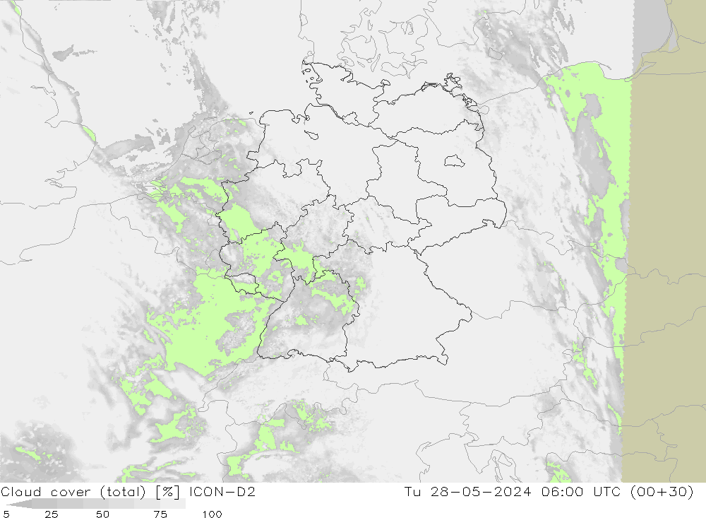 zachmurzenie (suma) ICON-D2 wto. 28.05.2024 06 UTC