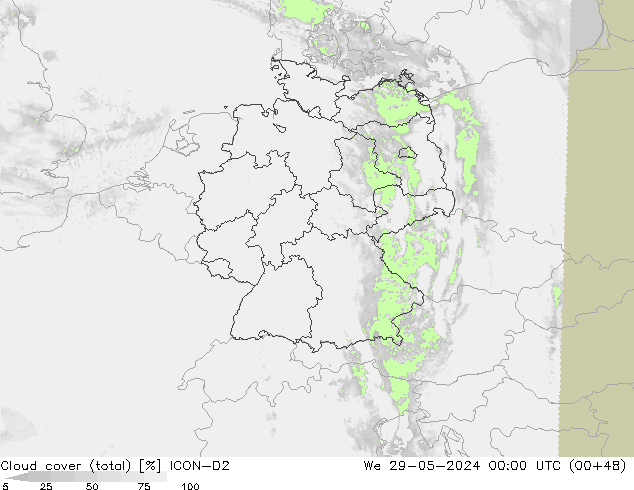 Cloud cover (total) ICON-D2 We 29.05.2024 00 UTC