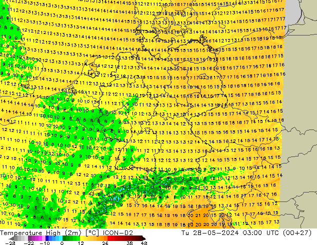 Temperature High (2m) ICON-D2 Tu 28.05.2024 03 UTC