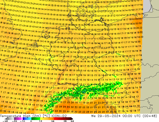 Nejvyšší teplota (2m) ICON-D2 St 29.05.2024 00 UTC