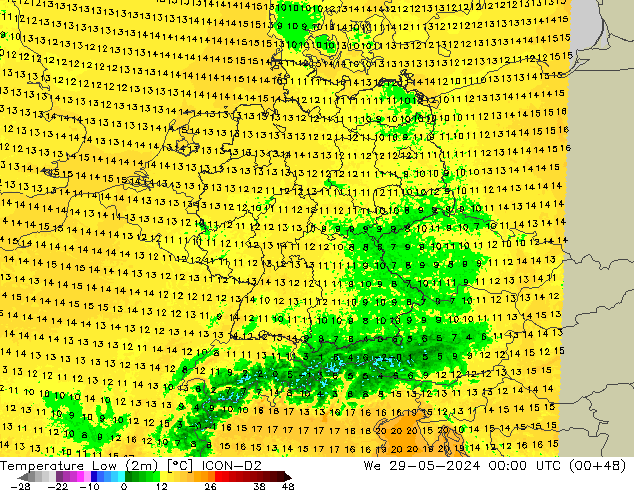 temperatura mín. (2m) ICON-D2 Qua 29.05.2024 00 UTC