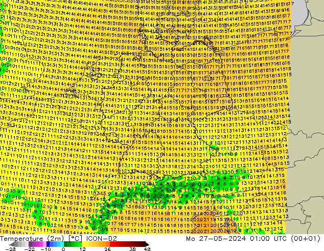 Temperatura (2m) ICON-D2 lun 27.05.2024 01 UTC