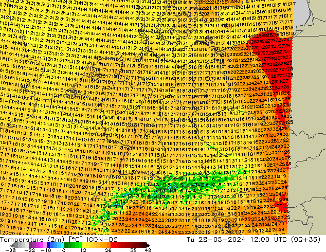mapa temperatury (2m) ICON-D2 wto. 28.05.2024 12 UTC