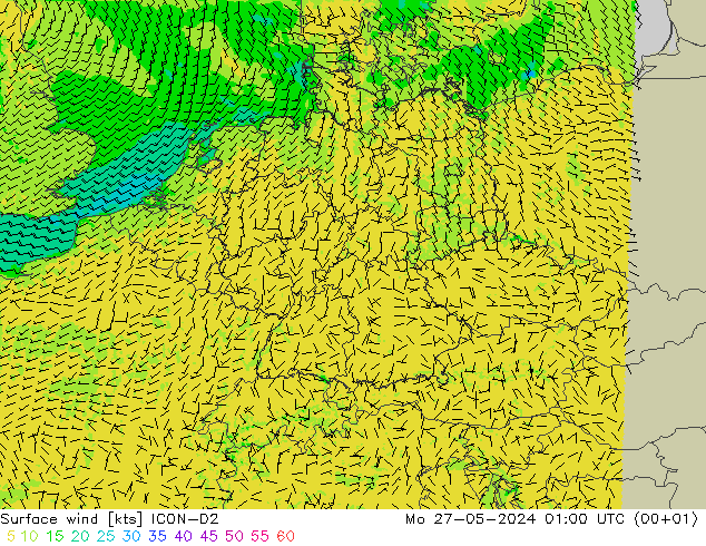 Surface wind ICON-D2 Mo 27.05.2024 01 UTC