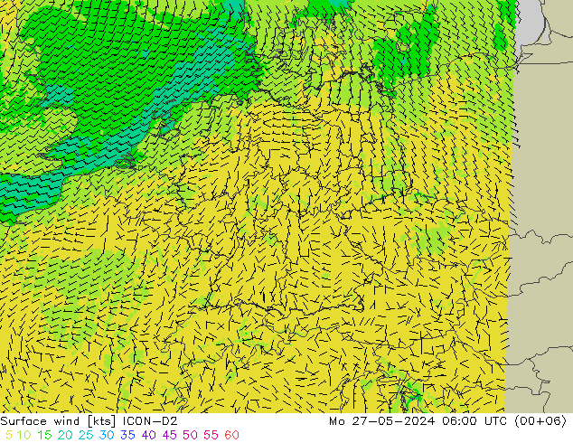 Rüzgar 10 m ICON-D2 Pzt 27.05.2024 06 UTC