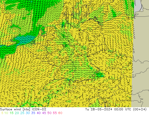 Viento 10 m ICON-D2 mar 28.05.2024 00 UTC