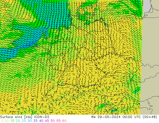 Surface wind ICON-D2 We 29.05.2024 00 UTC