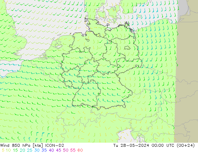 Vento 850 hPa ICON-D2 Ter 28.05.2024 00 UTC