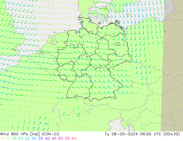 Viento 850 hPa ICON-D2 mar 28.05.2024 06 UTC