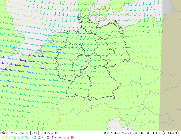 Wind 850 hPa ICON-D2 We 29.05.2024 00 UTC