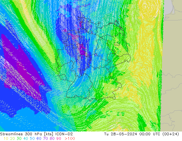 Streamlines 300 hPa ICON-D2 Út 28.05.2024 00 UTC