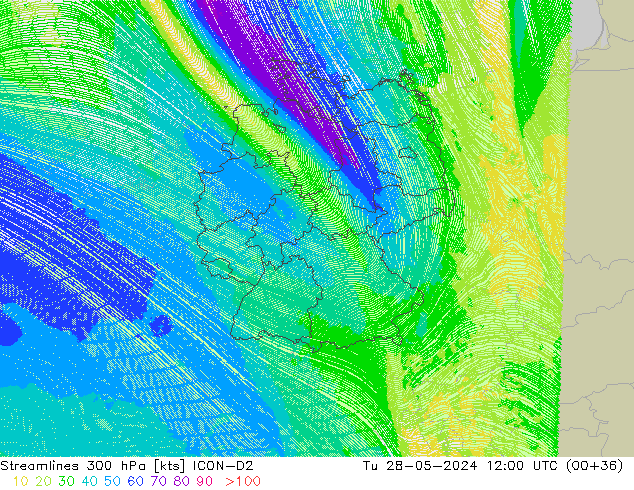 ветер 300 гПа ICON-D2 вт 28.05.2024 12 UTC