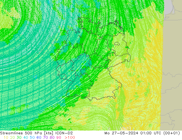 Streamlines 500 hPa ICON-D2 Mo 27.05.2024 01 UTC