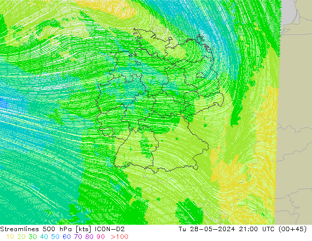 Linea di flusso 500 hPa ICON-D2 mar 28.05.2024 21 UTC