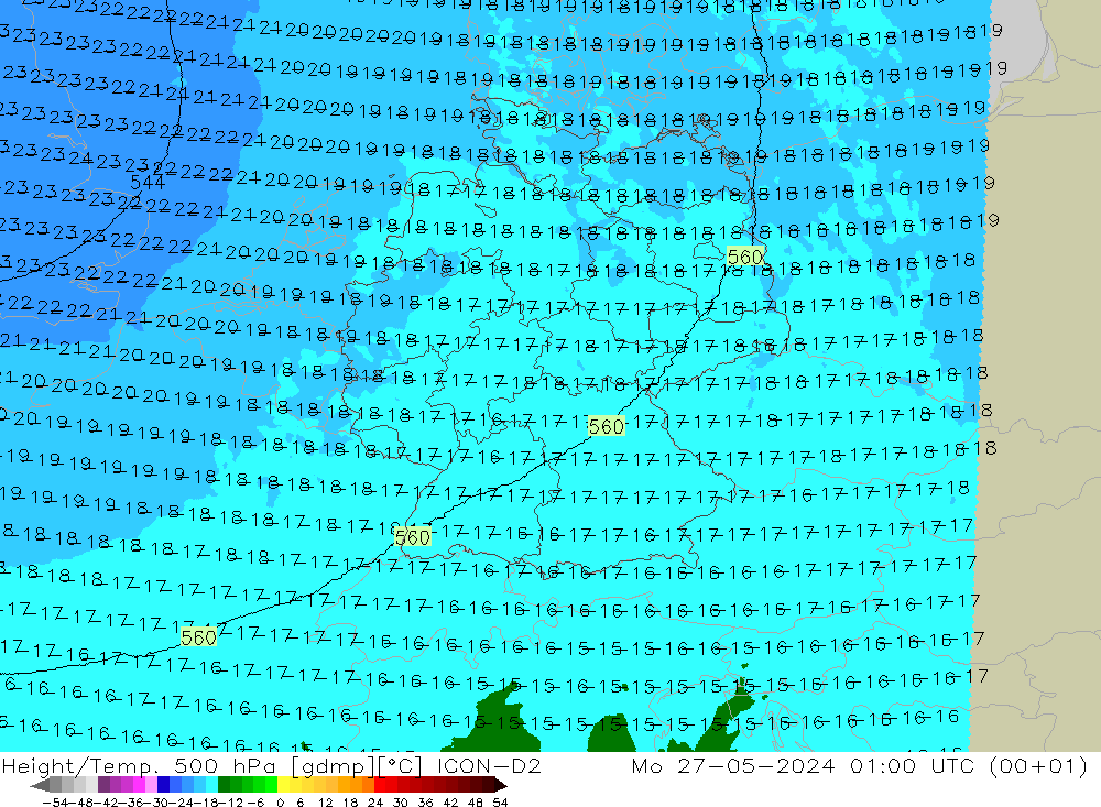 Height/Temp. 500 hPa ICON-D2 星期一 27.05.2024 01 UTC