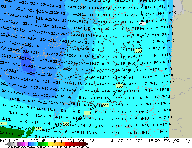 Height/Temp. 500 hPa ICON-D2 pon. 27.05.2024 18 UTC