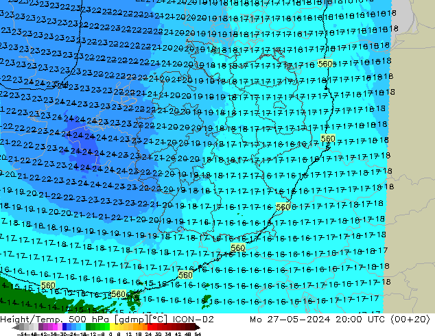 Hoogte/Temp. 500 hPa ICON-D2 ma 27.05.2024 20 UTC