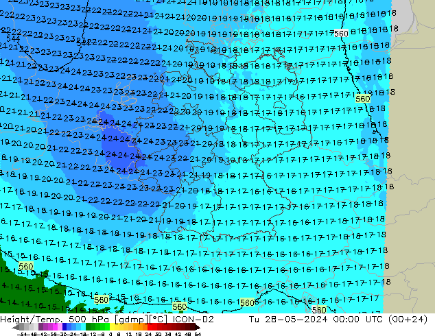 Hoogte/Temp. 500 hPa ICON-D2 di 28.05.2024 00 UTC