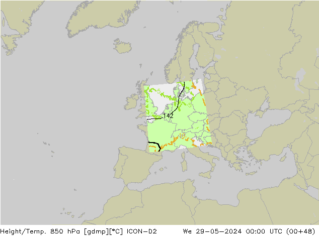 Geop./Temp. 850 hPa ICON-D2 mié 29.05.2024 00 UTC