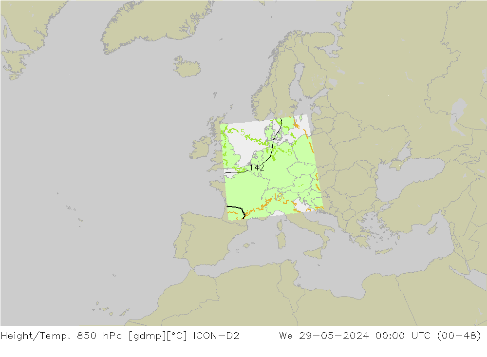 Height/Temp. 850 hPa ICON-D2 śro. 29.05.2024 00 UTC