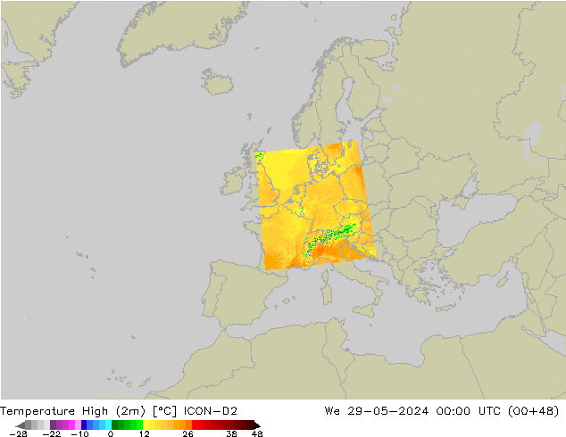 Temperature High (2m) ICON-D2 We 29.05.2024 00 UTC