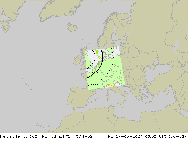 Height/Temp. 500 hPa ICON-D2 lun 27.05.2024 06 UTC