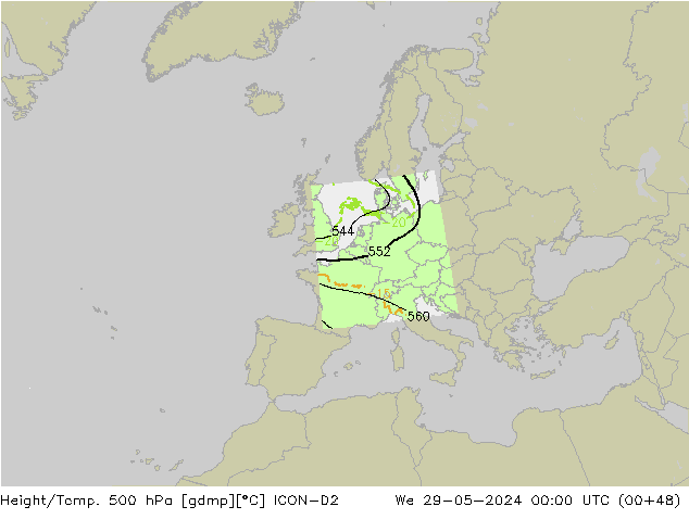 Géop./Temp. 500 hPa ICON-D2 mer 29.05.2024 00 UTC