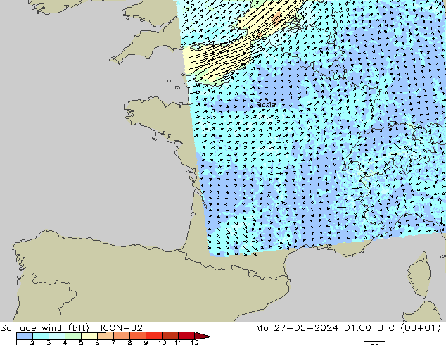 Surface wind (bft) ICON-D2 Mo 27.05.2024 01 UTC