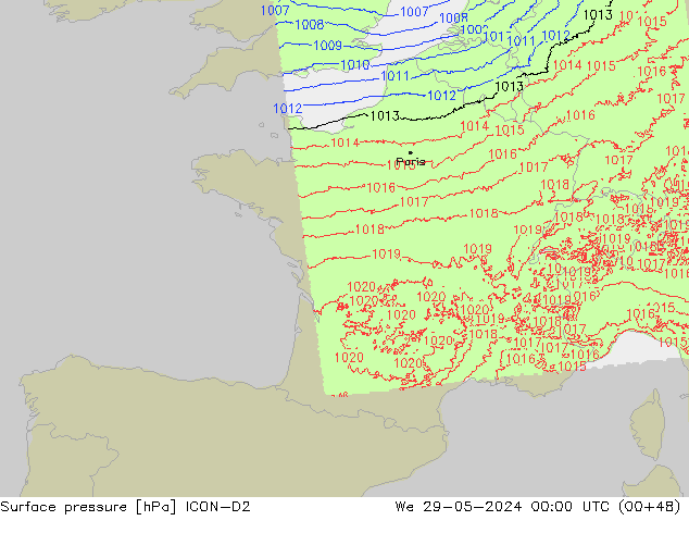 Atmosférický tlak ICON-D2 St 29.05.2024 00 UTC