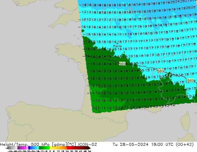 Height/Temp. 500 hPa ICON-D2 Di 28.05.2024 18 UTC