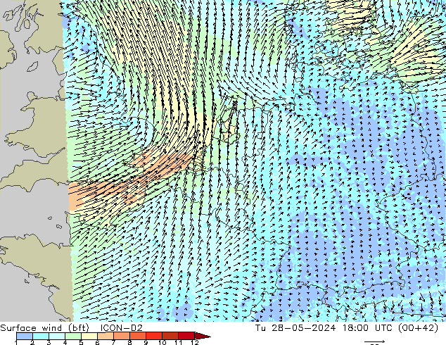 Rüzgar 10 m (bft) ICON-D2 Sa 28.05.2024 18 UTC