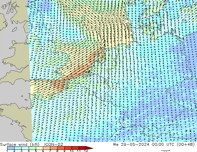 Bodenwind (bft) ICON-D2 Mi 29.05.2024 00 UTC