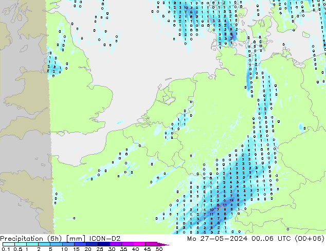 Precipitation (6h) ICON-D2 Mo 27.05.2024 06 UTC