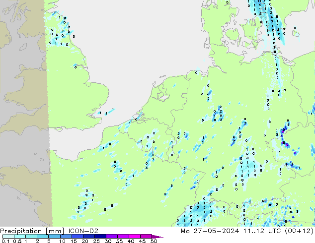 Srážky ICON-D2 Po 27.05.2024 12 UTC