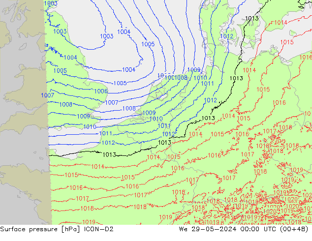 Pressione al suolo ICON-D2 mer 29.05.2024 00 UTC