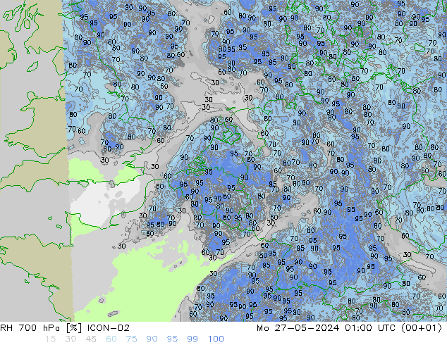 RH 700 hPa ICON-D2 Mo 27.05.2024 01 UTC