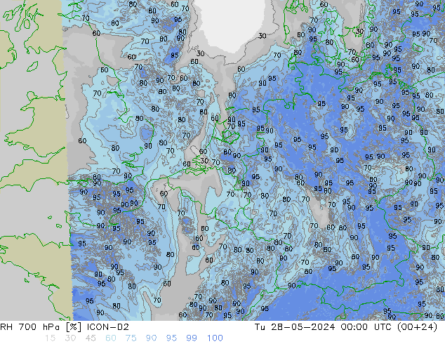 RH 700 hPa ICON-D2 mar 28.05.2024 00 UTC