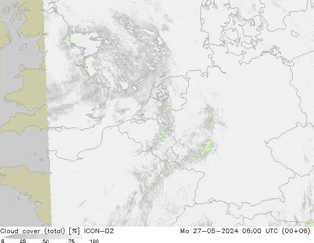 Cloud cover (total) ICON-D2 Po 27.05.2024 06 UTC