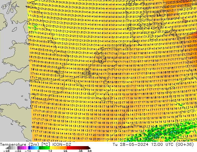 Sıcaklık Haritası (2m) ICON-D2 Sa 28.05.2024 12 UTC