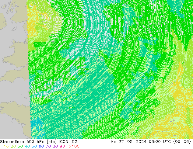 Streamlines 500 hPa ICON-D2 Po 27.05.2024 06 UTC