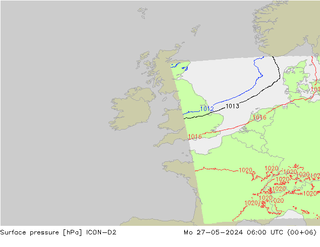 Pressione al suolo ICON-D2 lun 27.05.2024 06 UTC