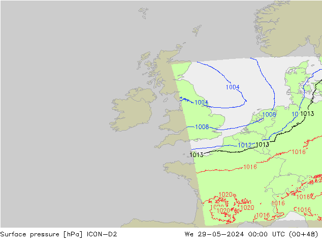 Surface pressure ICON-D2 We 29.05.2024 00 UTC