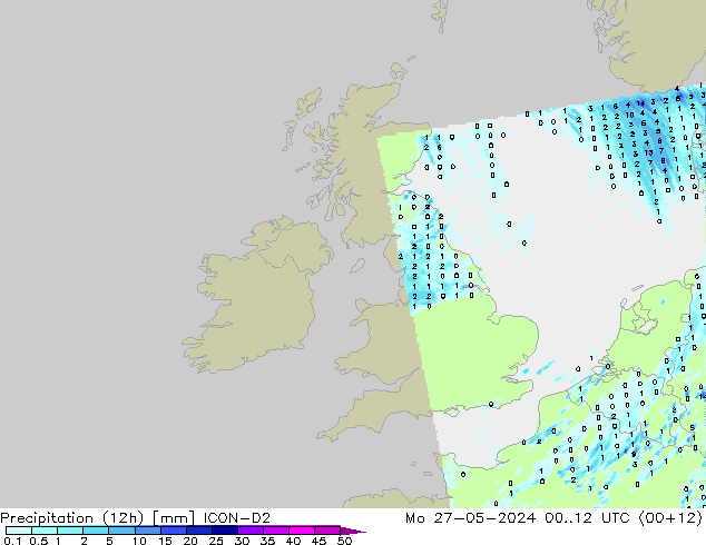 Precipitazione (12h) ICON-D2 lun 27.05.2024 12 UTC