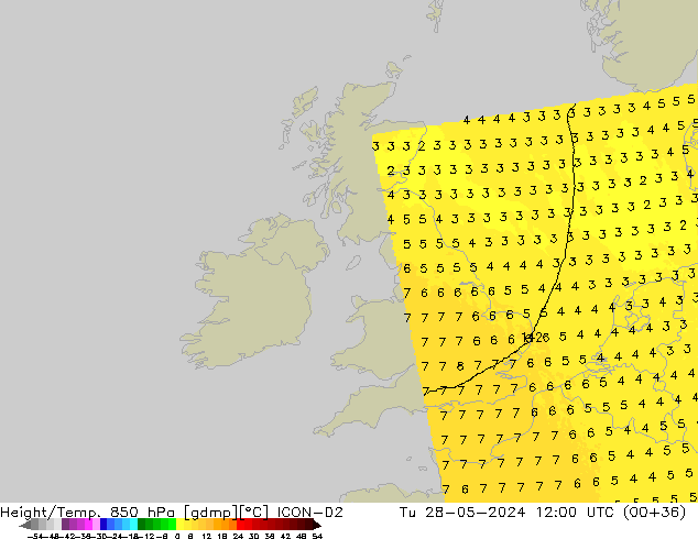 Height/Temp. 850 hPa ICON-D2  28.05.2024 12 UTC