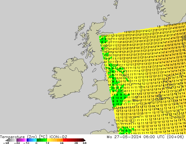 Temperaturkarte (2m) ICON-D2 Mo 27.05.2024 06 UTC