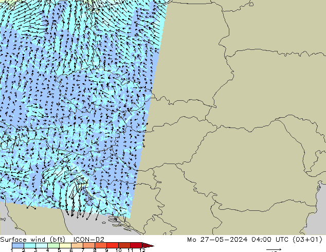 Vento 10 m (bft) ICON-D2 Seg 27.05.2024 04 UTC