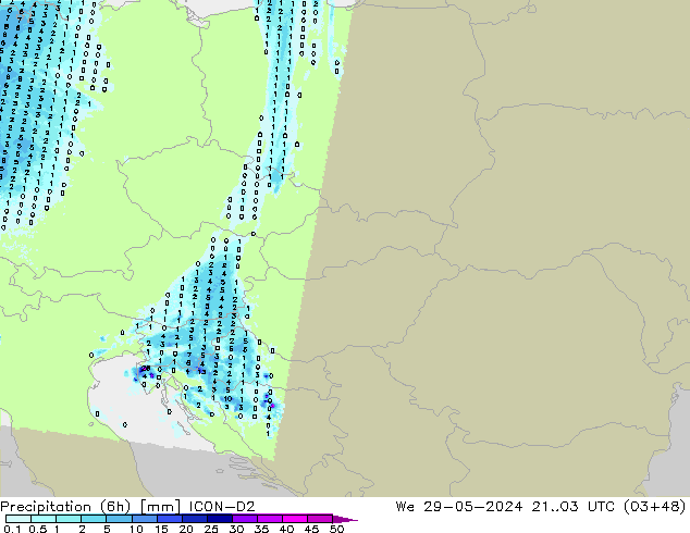 Precipitazione (6h) ICON-D2 mer 29.05.2024 03 UTC