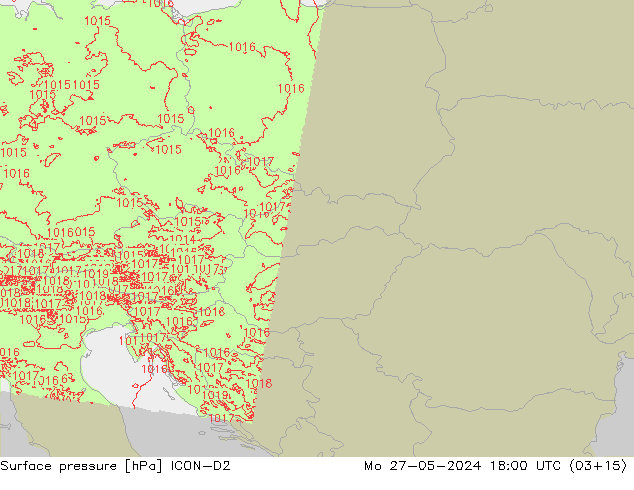 Presión superficial ICON-D2 lun 27.05.2024 18 UTC