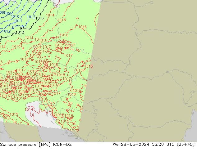 Surface pressure ICON-D2 We 29.05.2024 03 UTC