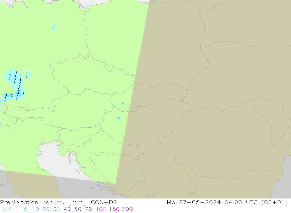 Precipitation accum. ICON-D2 pon. 27.05.2024 04 UTC